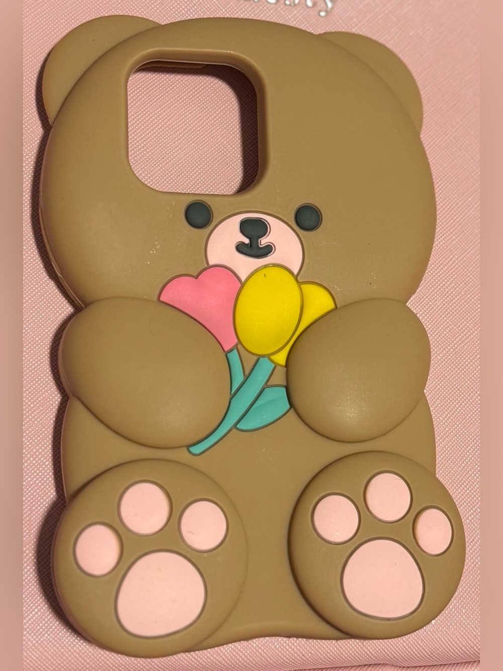 Kids Bear Silicone Phone Case in Brown with Pink & Yellow Accents